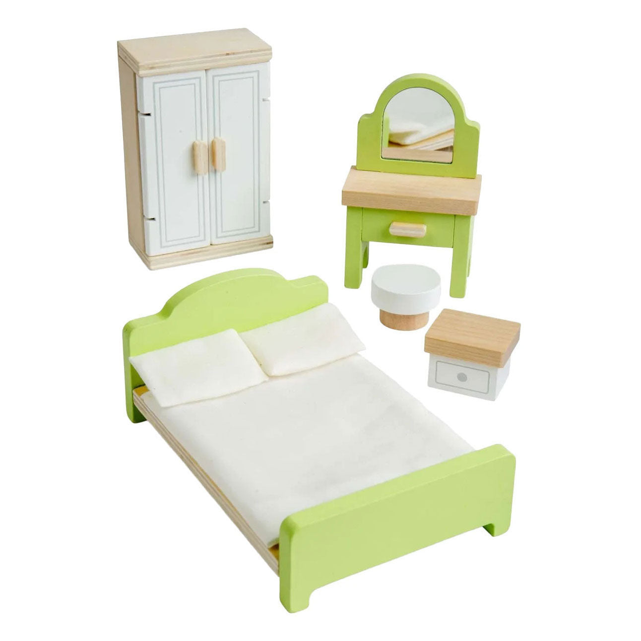 Camera da letto con mobili per casa delle bambole in legno Bigjigs - 5 pezzi.