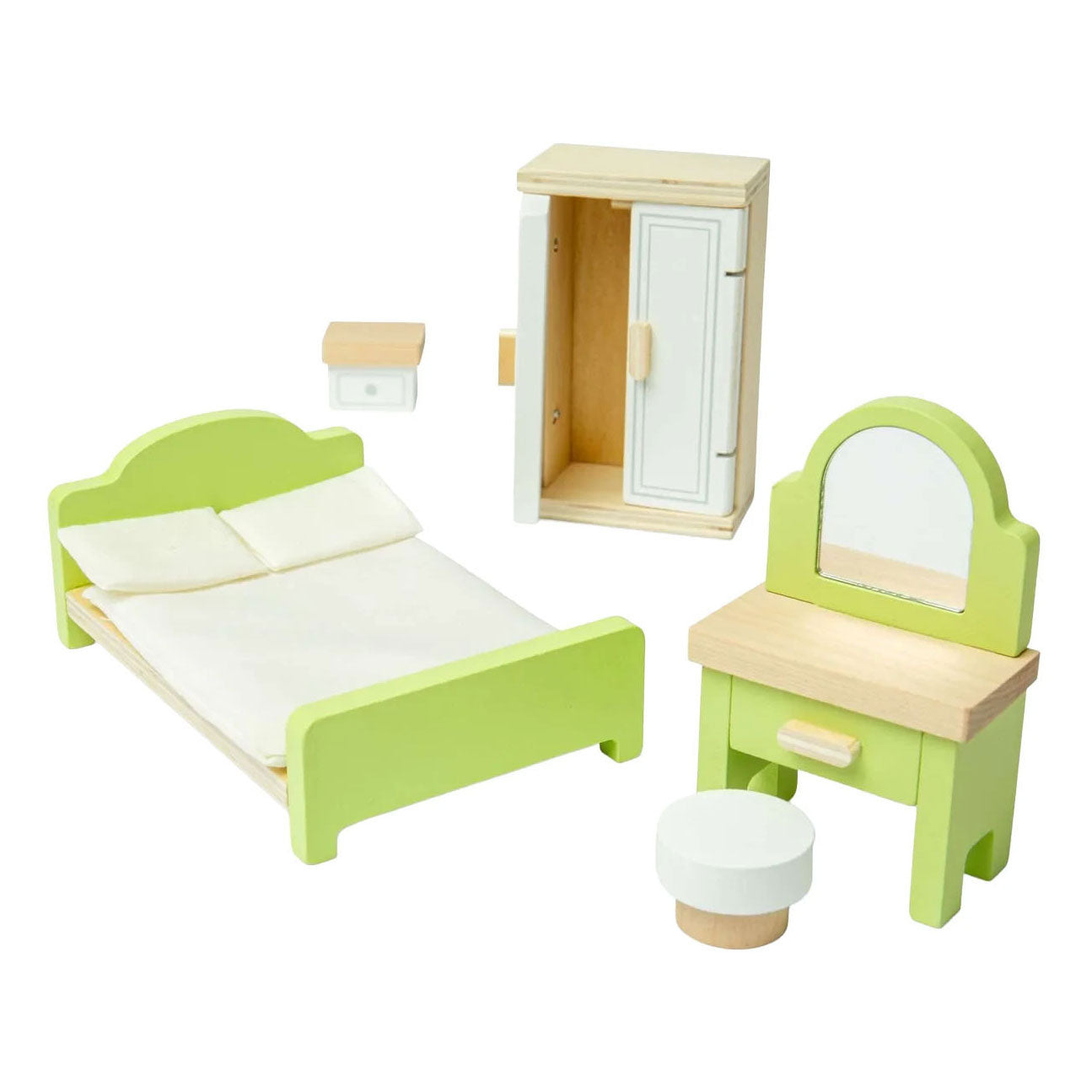 Camera da letto con mobili per casa delle bambole in legno Bigjigs - 5 pezzi.