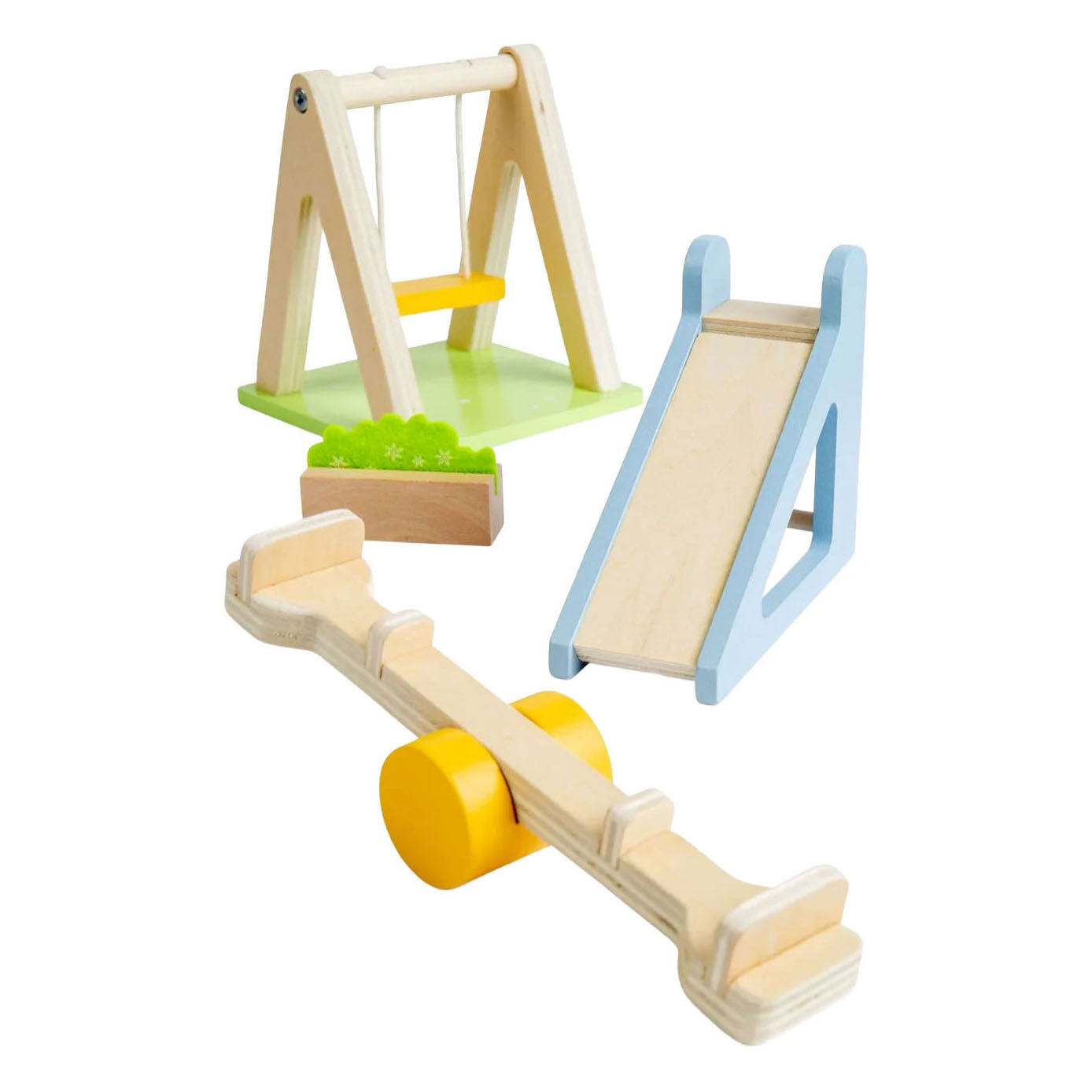 Set da giardino di mobili per casa delle bambole in legno Bigjigs - 4 pezzi.