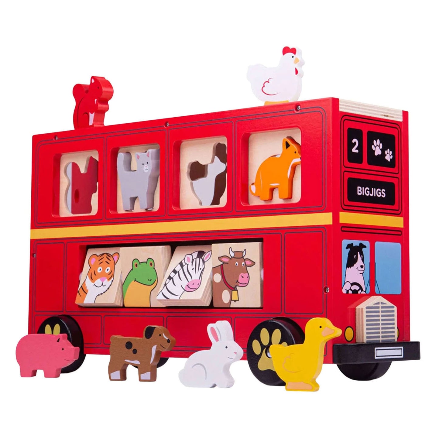 Bigjigs selezionatrice di forme in legno autobus rosso per animali - 21 pz.