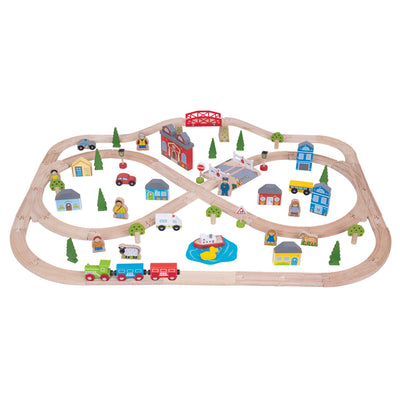 Bigjigs Wooden Train Set City and Land, 101dlg.