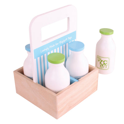 Bigjigs Box de madera con botellas de leche, 5dlg.