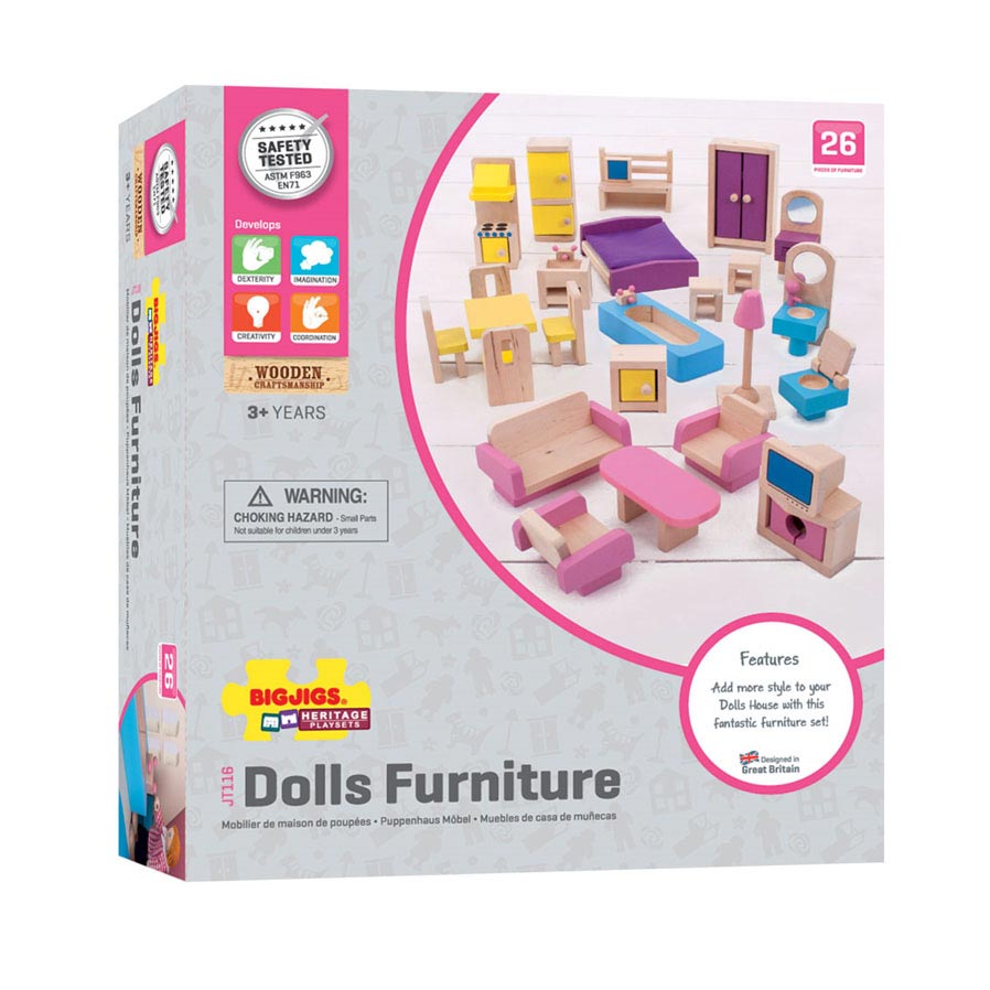 BigJigs Wooden Dollhouse Furniture, 27dlg.