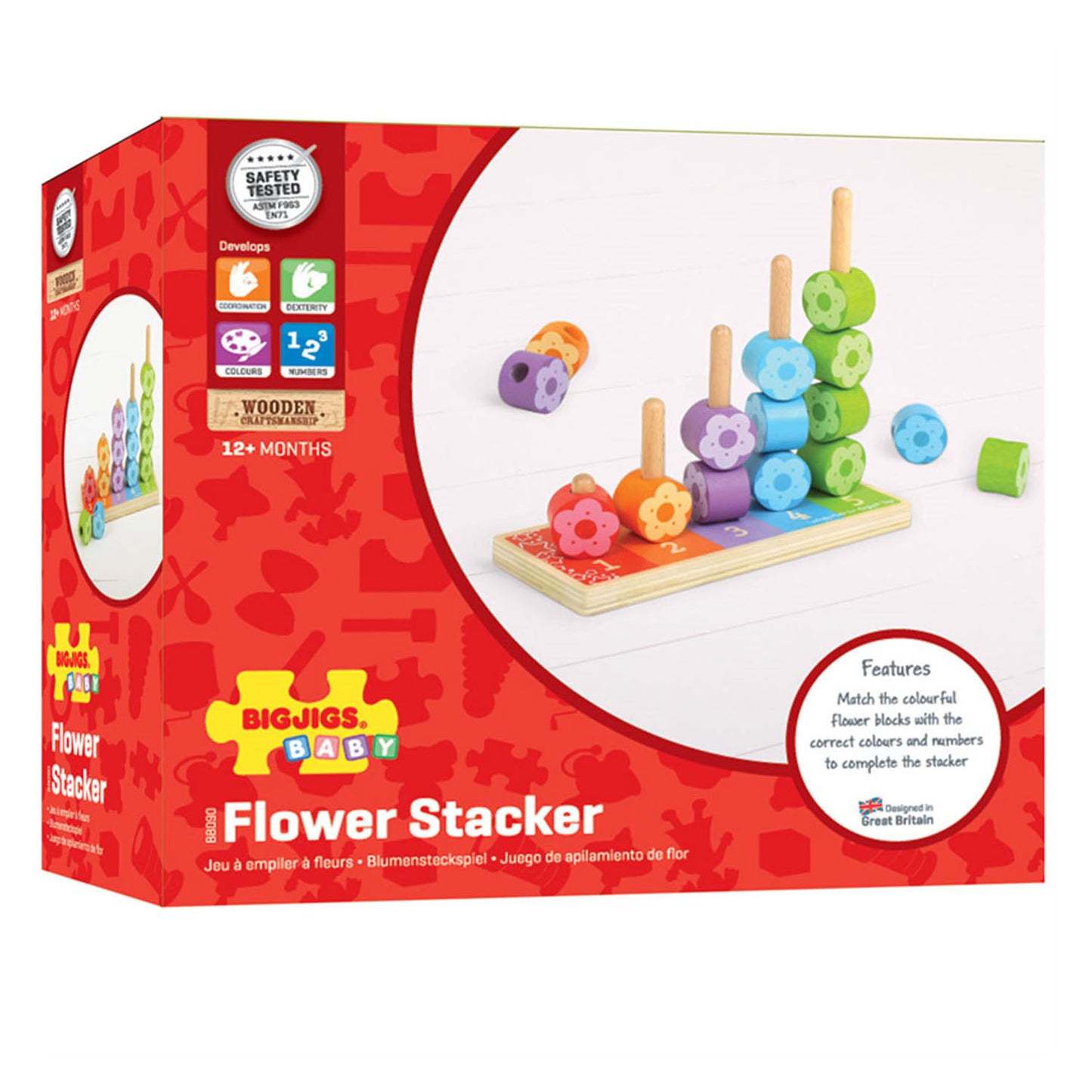 Bigjigs Flores de juego de apilamiento de madera, 16dlg.