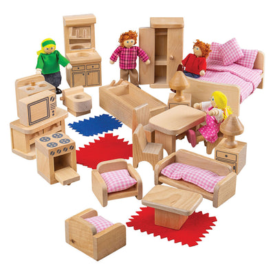 Familia de muñecas de madera BigJigs con muebles, 26dlg.