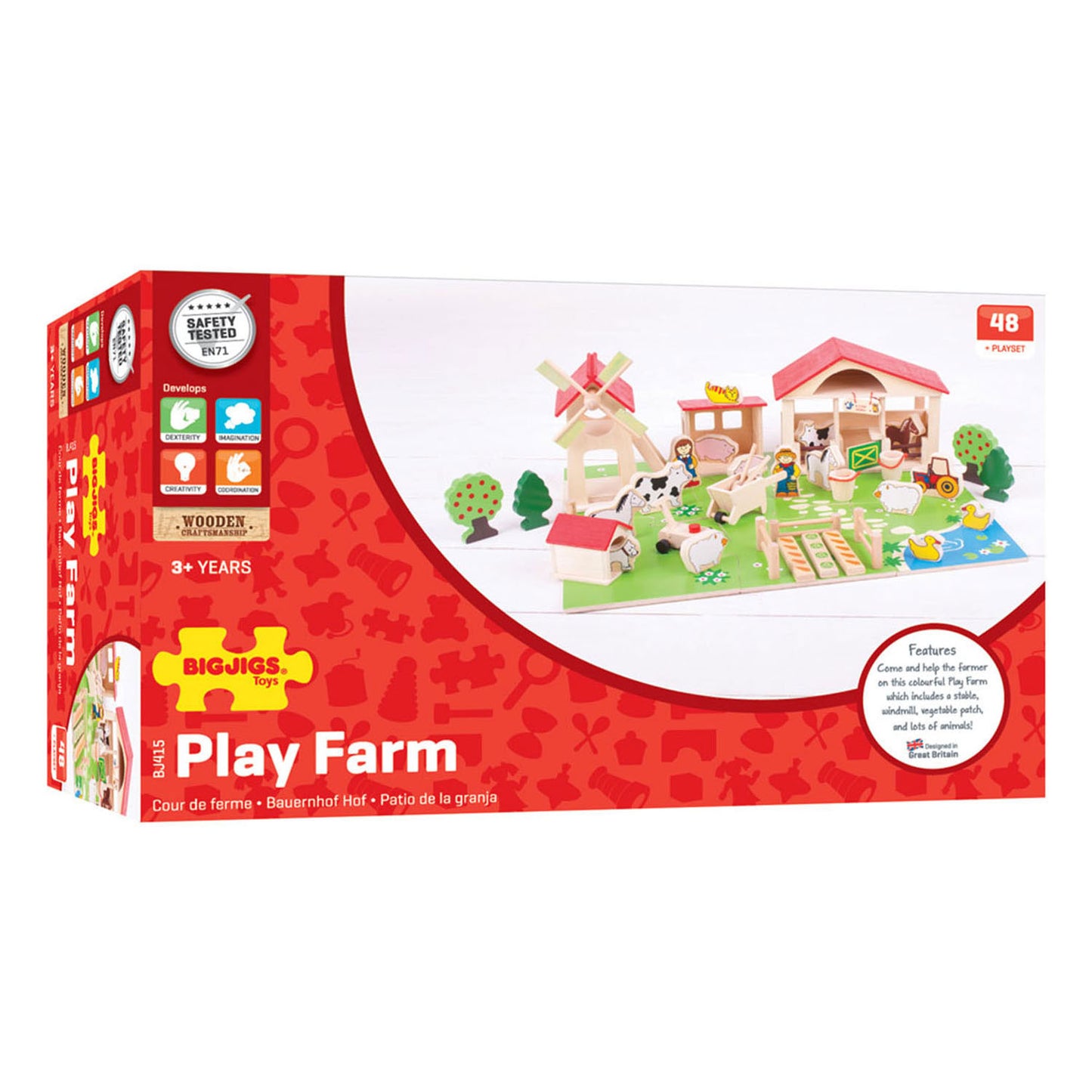 BigJigs Wooden Play Farm con accesorios, 48dlg.