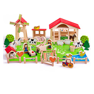 Bigjigs Wooden Play Farm con accessori, 48dlg.