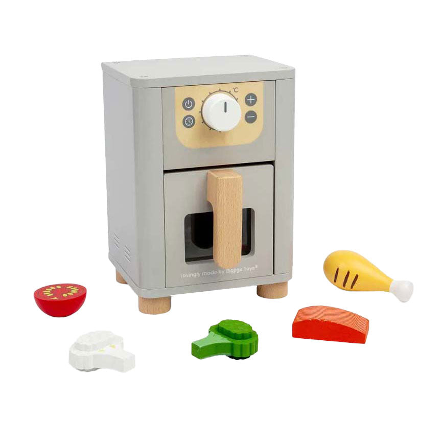 Set da gioco Bigjigs con friggitrice ad aria in legno, 5 pezzi.