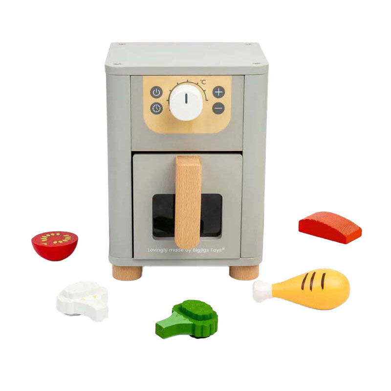 Set da gioco Bigjigs con friggitrice ad aria in legno, 5 pezzi.