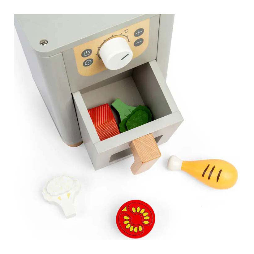 Set da gioco Bigjigs con friggitrice ad aria in legno, 5 pezzi.