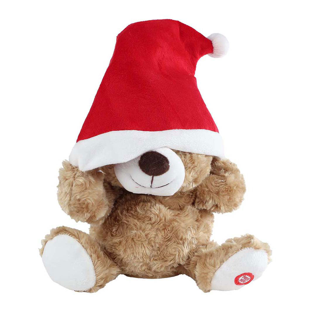 Llévame a casa oso bailando con gorro de Papá Noel y música.