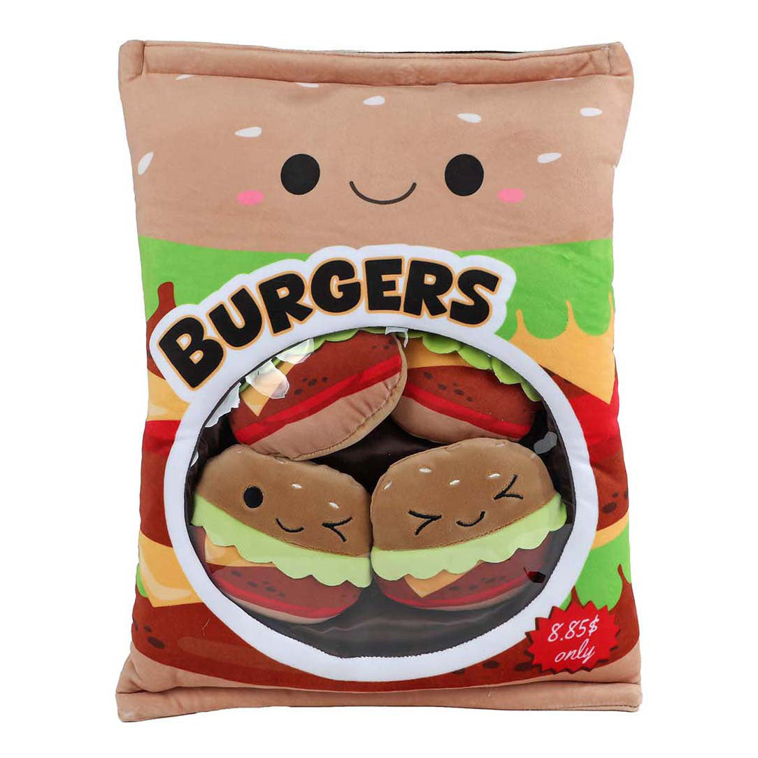 Soffice borsa porta menù con 4 hamburger di peluche - 40 cm