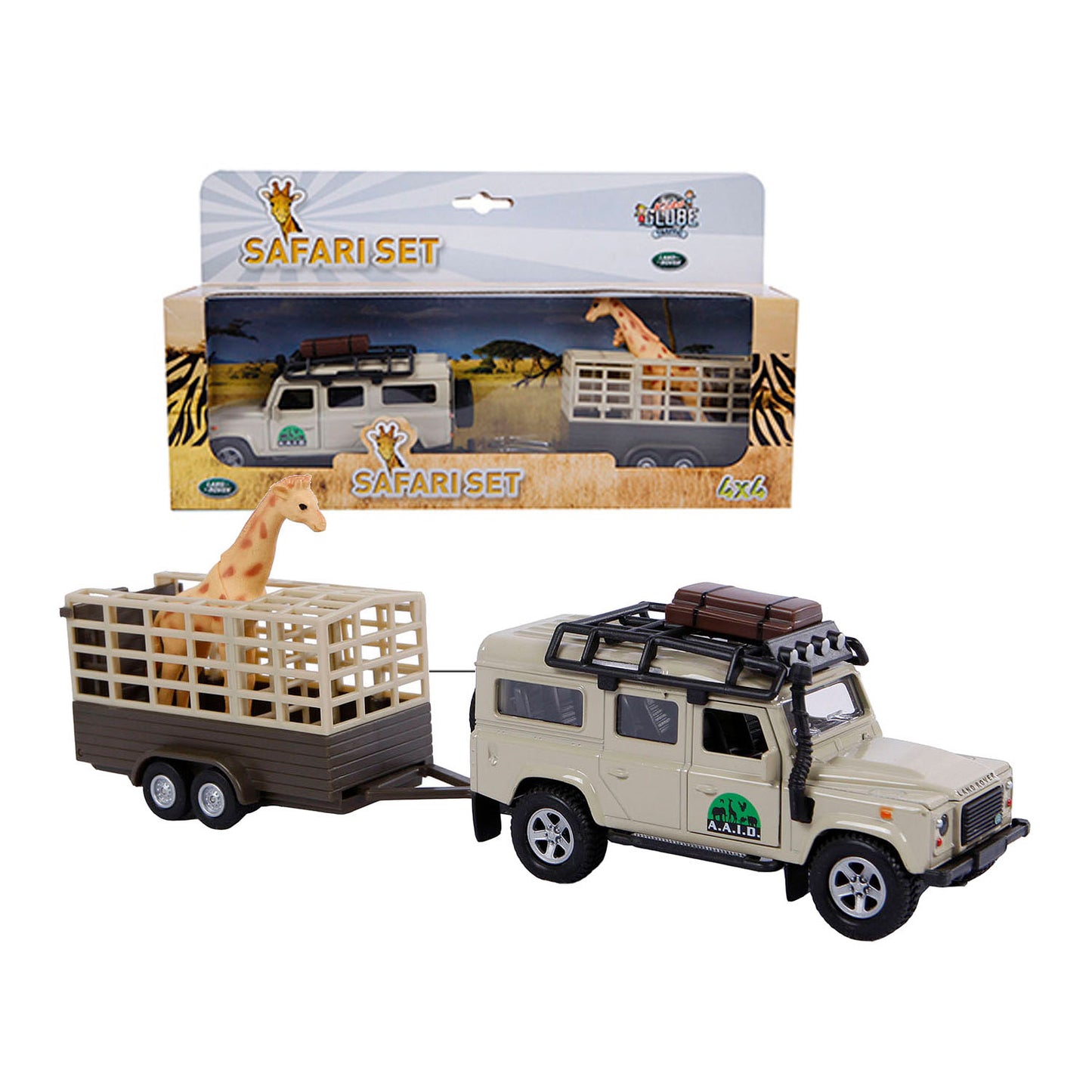 Kids Globe Die Cast Land Rover con giraffe-trailer, 29 cm