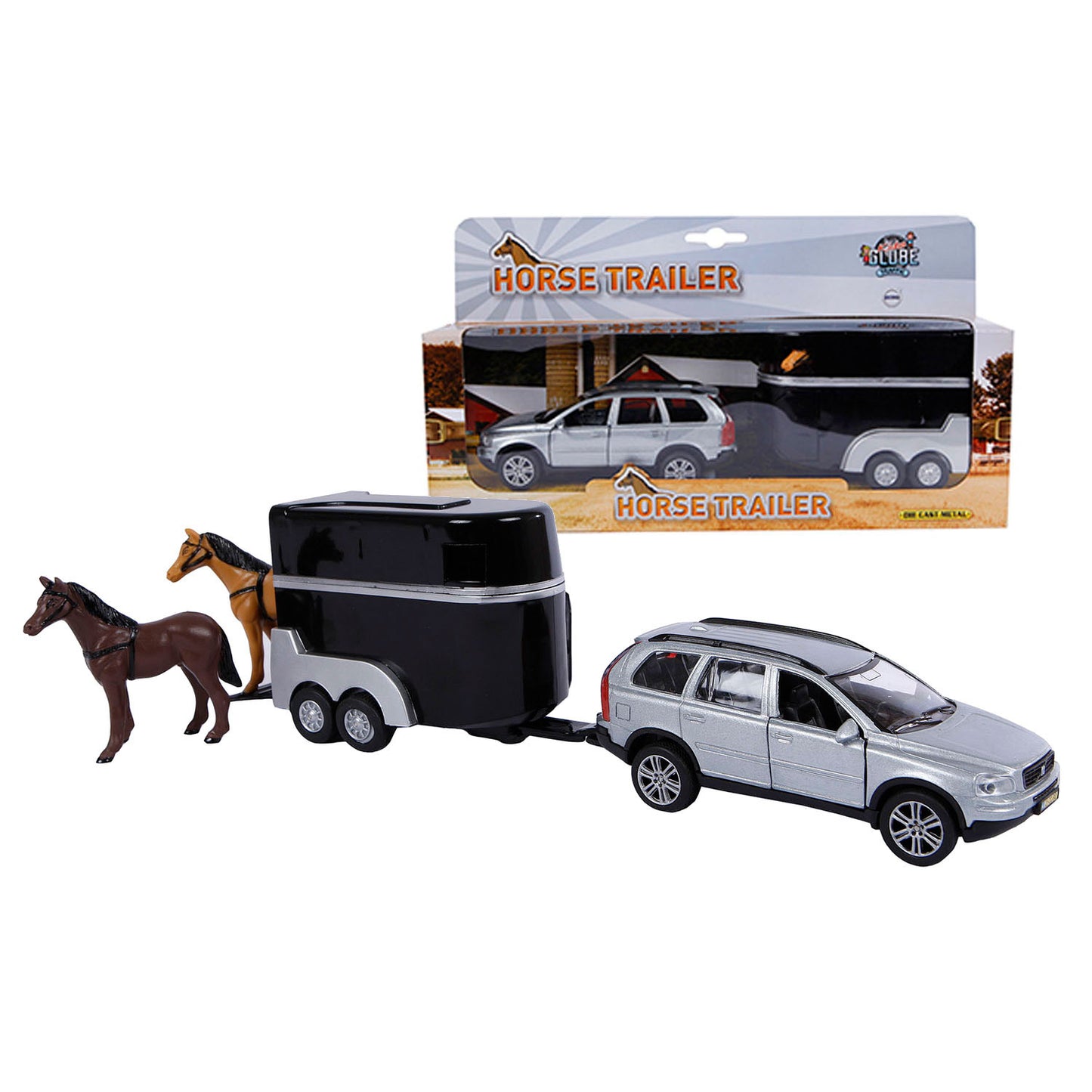 Kids Globe Die Cast Volvo XC90 con remolque de caballos, 27 cm