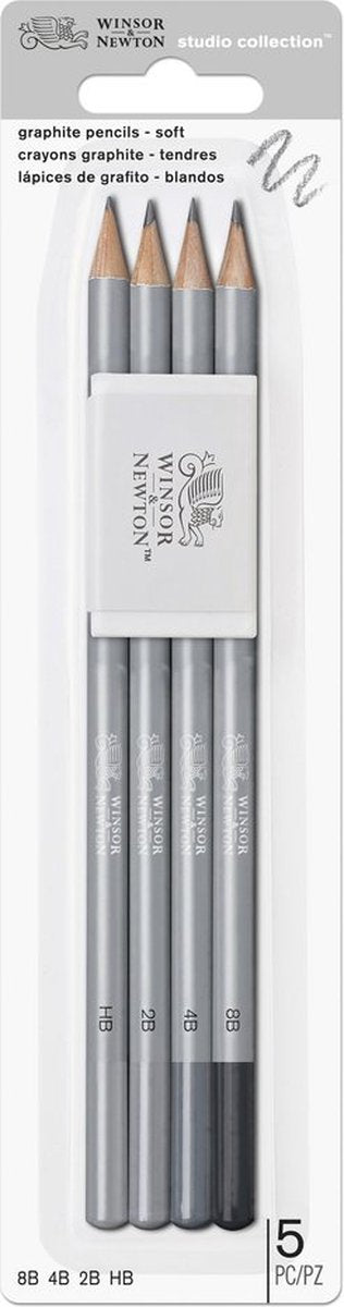 Winsor Newton 0490004 Juego de lápices de grafito Studio Collection - HB, 2B, 4B, 8B + borrador | lápices de dibujo