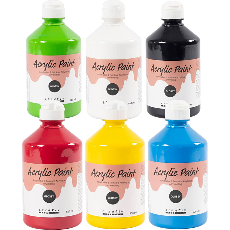Pittura acrilica lucida, colori primari, Creative Company, 6x500 ml 1 scatola