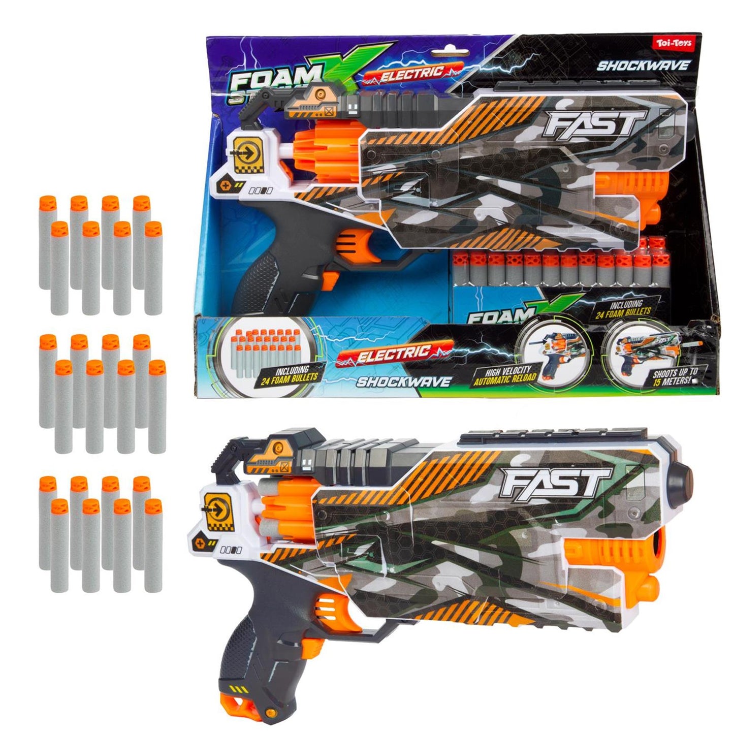 Toi-toys foam strikex pistola de tiro eléctrica shockwave con 24 flechas de espuma