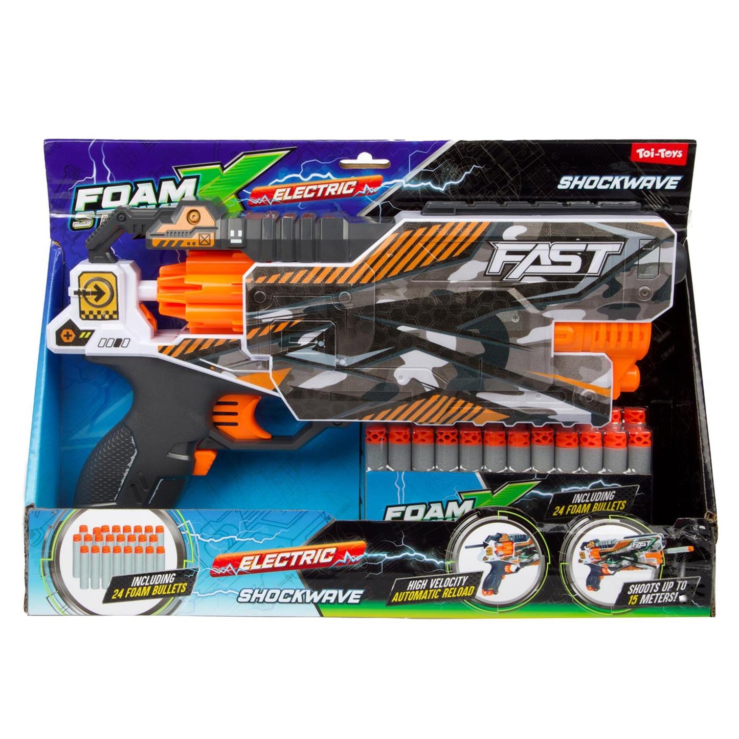 Toi-toys foam strikex pistola de tiro eléctrica shockwave con 24 flechas de espuma