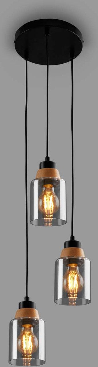 Briloner - royk - Lampada a sospensione a 3 luci, vetro fumé, lampada da soffitto, lampada da soffitto, lampada, lampada da soggiorno, paralume in vetro fumé, lampada a sospensione, lampadario, lampada da camera, legno nero