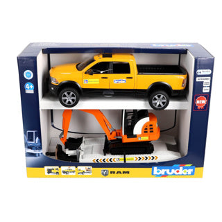 Bruder Auto Ram 2500 Power Wagen Rental Service con remolque y minibagger