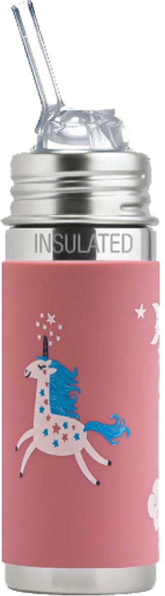 Pura termo con pajita de flujo libre 260 ml - termo - termo - sin plástico - con pared aislante - se puede utilizar de 2 maneras - silicona de calidad médica - incluye pajita de silicona de flujo libre, gorro de viaje y cepillo - funda de unicornio