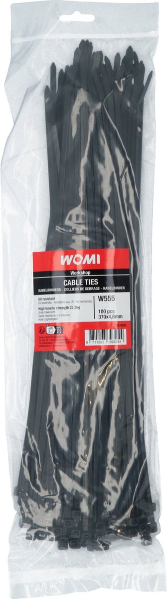 Fascette Womi 370x4,8 mm nere – 100 pezzi – nylon resistente – chiusura affidabile – elevata resistenza alla trazione