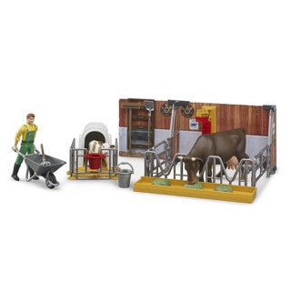 Bruder Bworld Cowshal con vitello e agricoltore