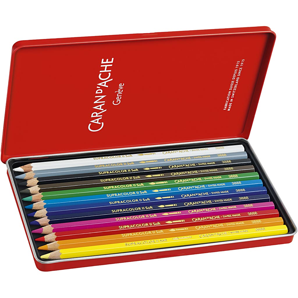 Caran dache caran d'ache matite acquarello supracolor ii, l: 17 cm, mina 3,8 mm, vari colori, 12 pezzi 1 scatola