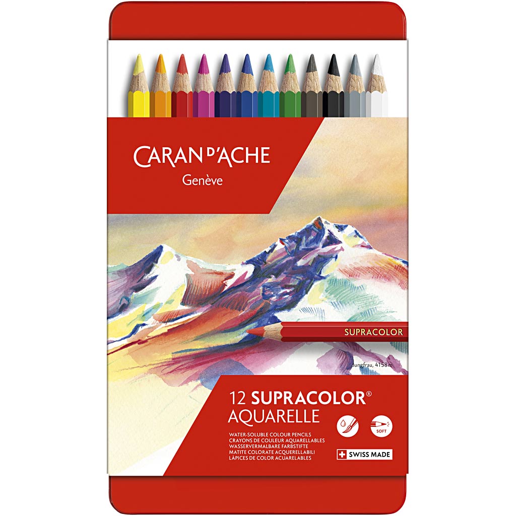 Caran dache caran d'ache matite acquarello supracolor ii, l: 17 cm, mina 3,8 mm, vari colori, 12 pezzi 1 scatola
