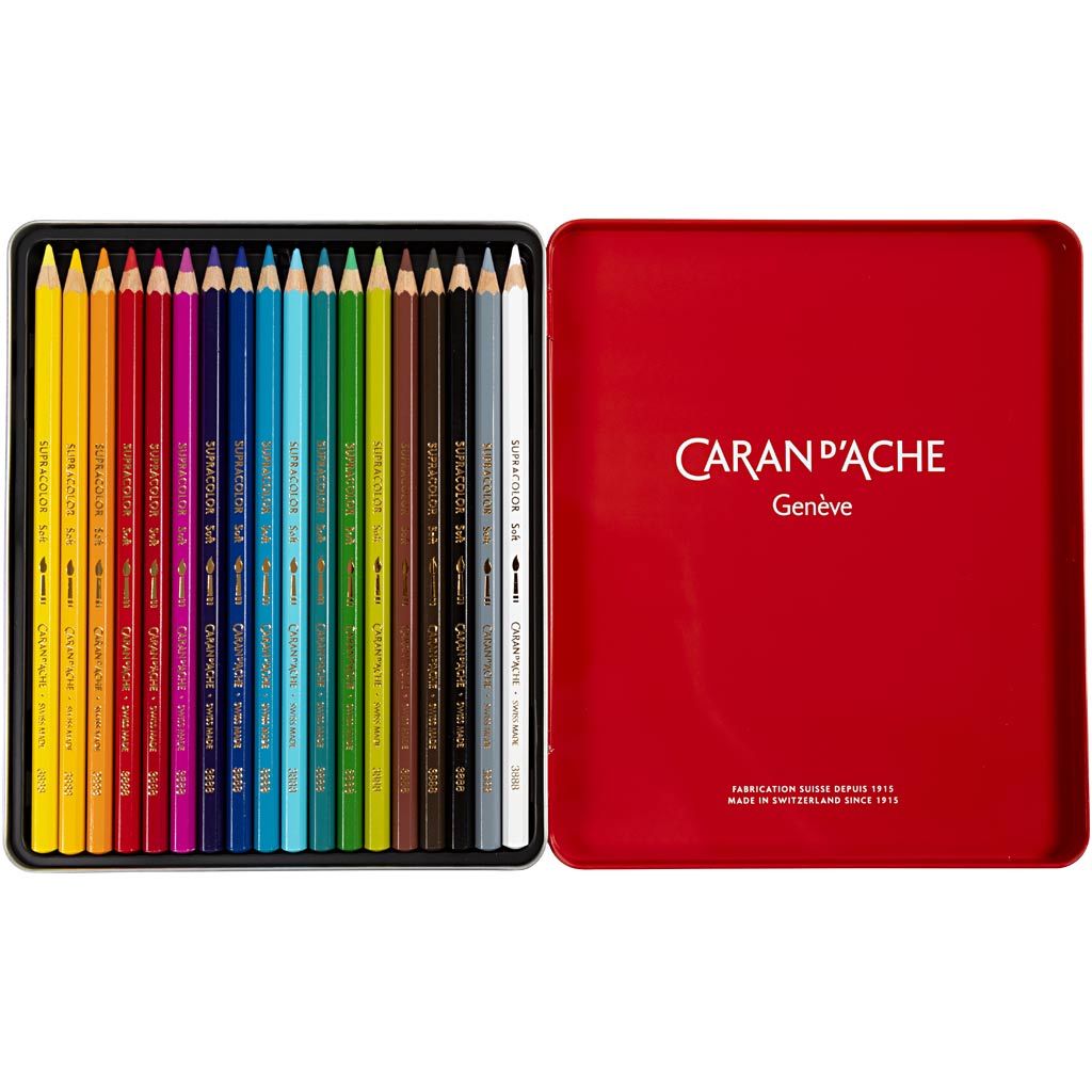 Caran dache caran d'ache matite acquarello supracolor ii, l: 17 cm, mina 3,8 mm, vari colori, 18 pezzi 1 scatola