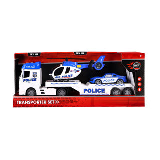 Wheels Rapid Autotransporter Police con auto ed elicottero con luce, suono e attrito