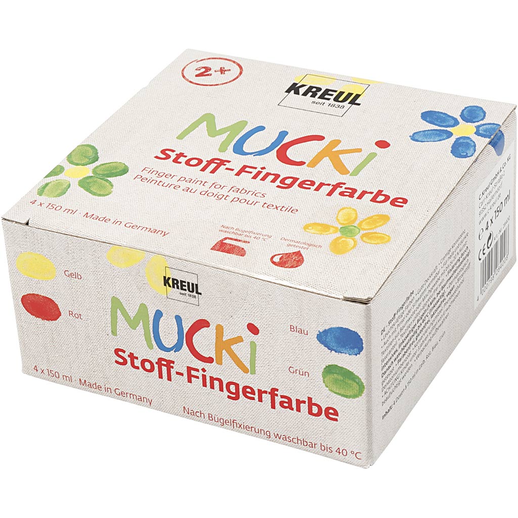 Mucki textiel vingerverf - 4 x 150 ml vingerverf voor textiel - kleuren geel, rood, blauw groen