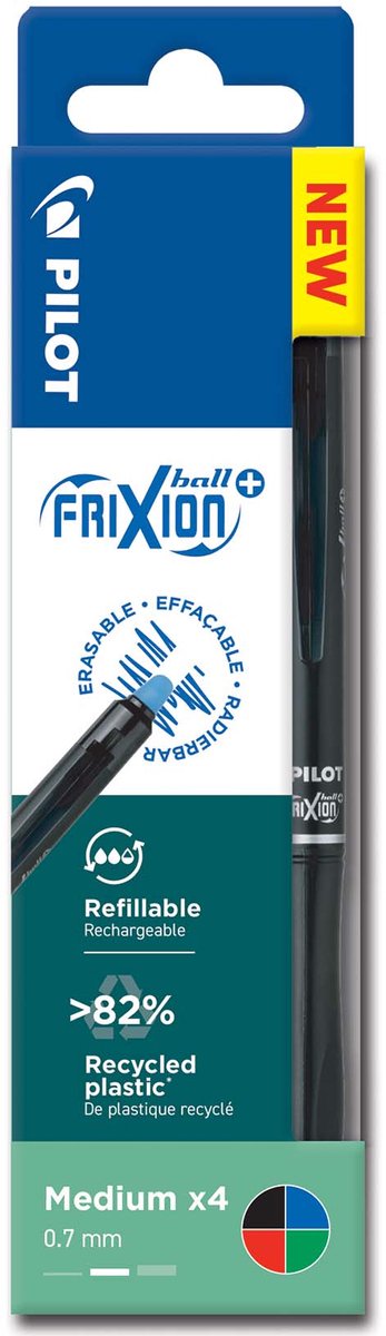 Portafoglio Pilot - set di 4 - frixion ball plus - penna roller cancellabile - nero, blu, rosso, verde - punta media