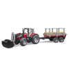 Bruder Massey Ferguson 7480 con cargador frontal y remolque de madera