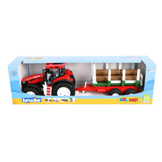 Trattore Bruder roadmax con rimorchio posteriore e 3 tronchi d'albero