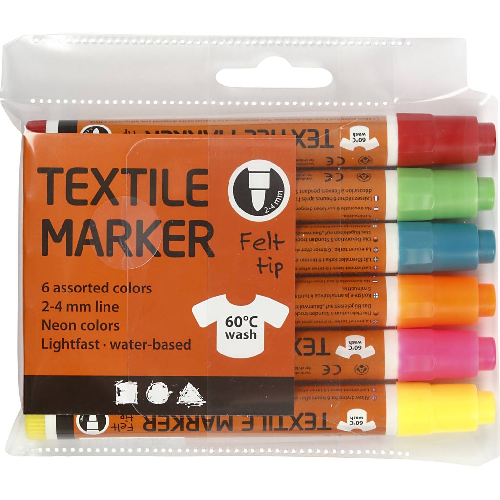 Pennarelli per tessuti, larghezza tratto 2-4 mm, colori neon, 6 pezzi, 1 scatola