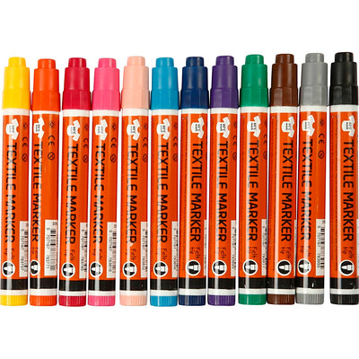 Rotuladores textiles, ancho de trazo 2-4 mm, varios colores, 12 unidades, 1 caja