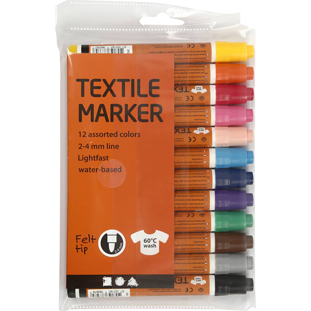 Pennarelli per tessuti, larghezza tratto 2-4 mm, vari colori, 12 pezzi, 1 scatola