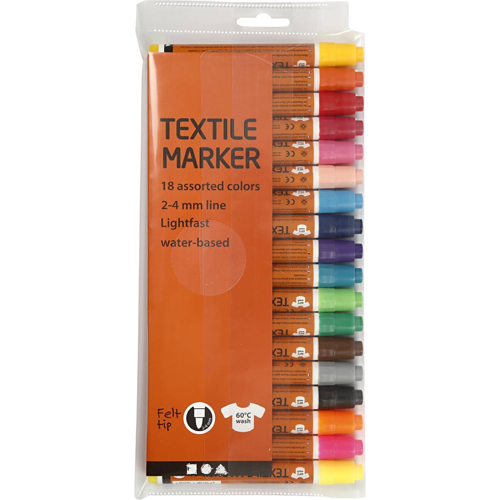 Textile markers, line width 2-4 mm, various colors, 18 pieces, 1 box