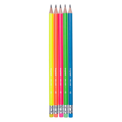 Bruynzeel grafietpotlodenset neon, 5 hb potloden met gum