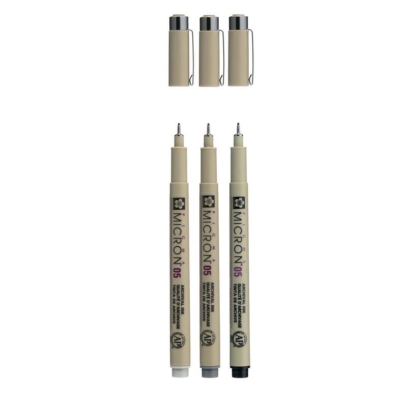 Sakura pigma micron 05 fineliner set, 3 pennen, zwartgrijs