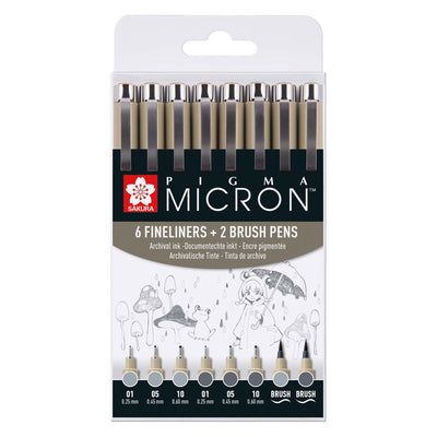 Sakura Pigma Micron Fineliner Set 8 Pen. (Luz) Gris refrescante