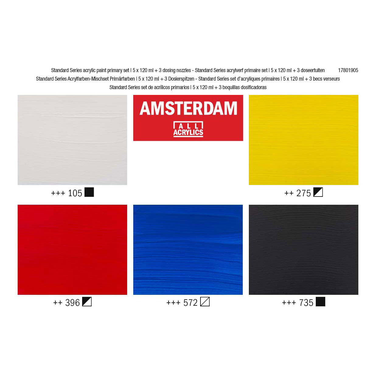 Bruynzeel amsterdam serie standard set di colori acrilici primari 120 ml, 5 pz. + 3 beccucci dosatori