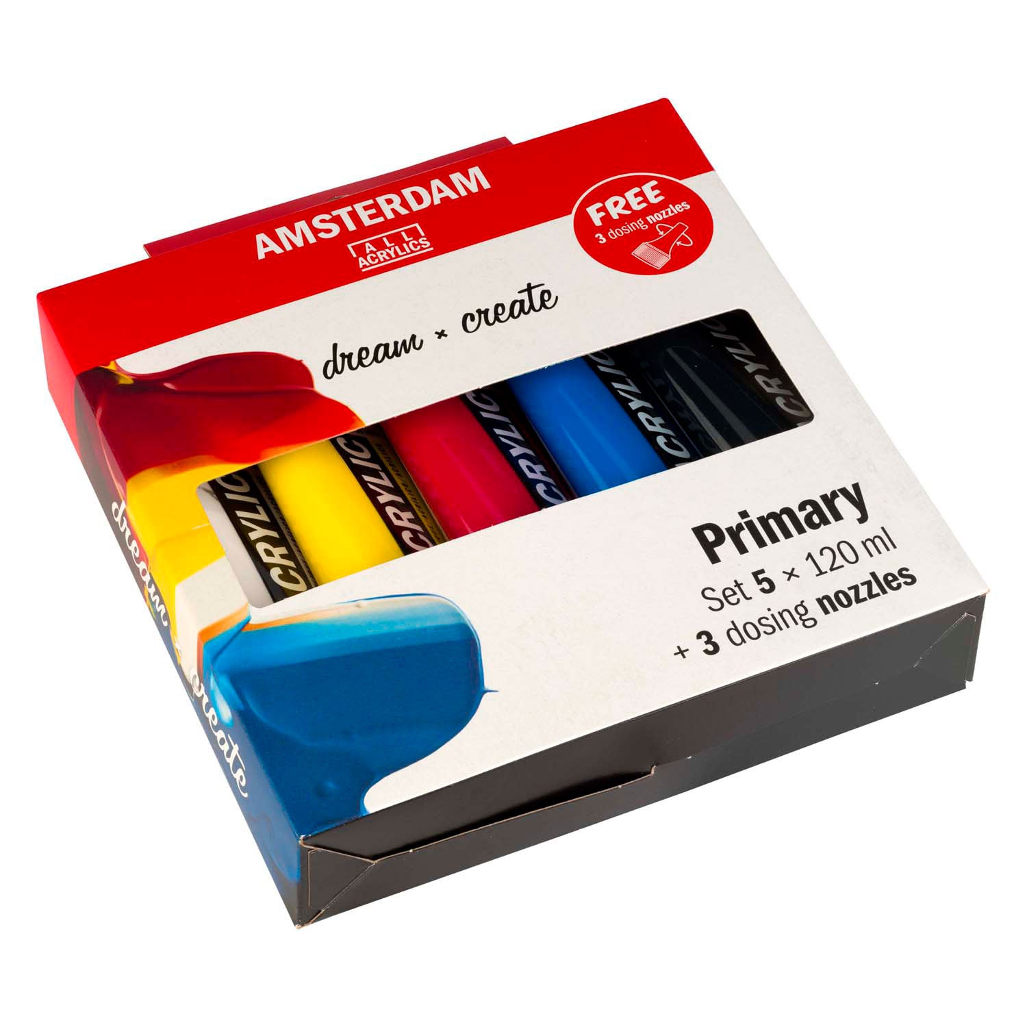 Bruynzeel amsterdam serie standard set di colori acrilici primari 120 ml, 5 pz. + 3 beccucci dosatori