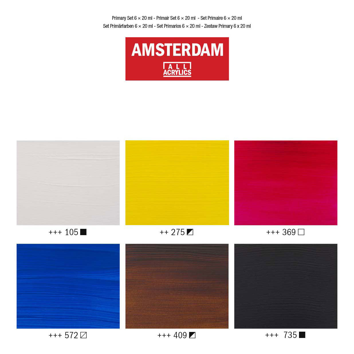 Juego primario de pintura acrílica Bruynzeel amsterdam serie estándar 20 ml, 6 piezas.