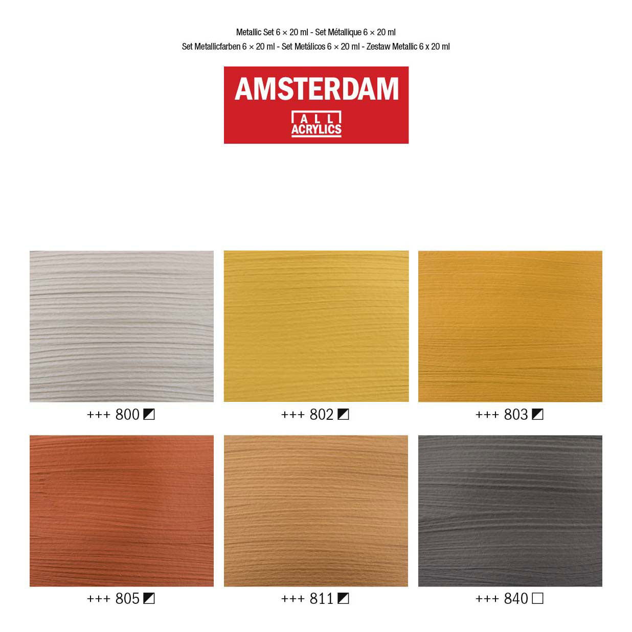 Bruynzeel amsterdam serie standard set di colori acrilici metallizzati 20 ml, 6 pz.