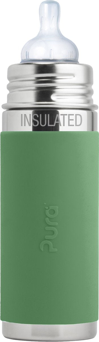 Pura thermos teat bottle 260 ml - thermos - thermos bottle - plastic-free - with insulation wall - prevents stomach cramps - including silicone teat, travel cap and sleeve - moss