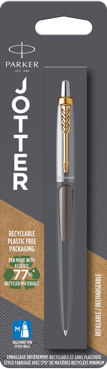 Parker jotter-balpen | grijze lak met gouden details | medium punt | blauwe inkt