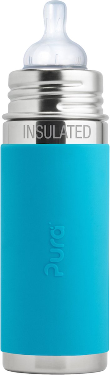 Pura thermos teat bottle 260 ml - thermos - thermos bottle - plastic-free - with insulation wall - prevents stomach cramps - including silicone teat, travel cap and sleeve - aqua