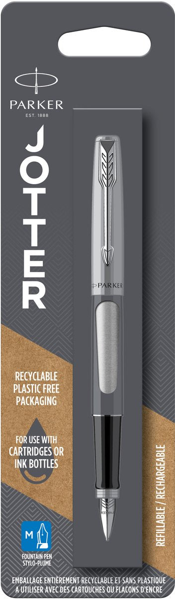 Pluma estilográfica Parker Jotter | acero inoxidable con acabado cromado | punta mediana | tinta azul